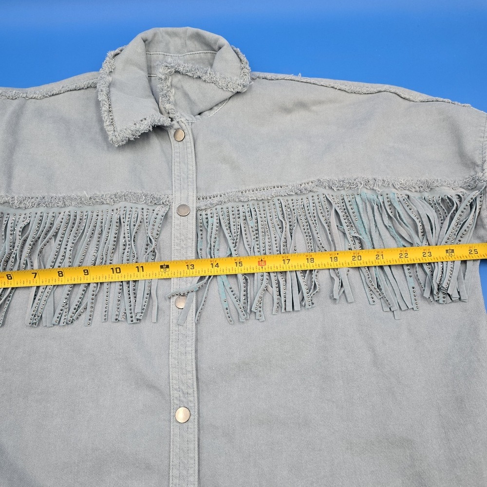 Zara Rhinestone Fringe Denim‎ Shacket Light Blue Gray Western Boho Size Small - Picture 7 of 9